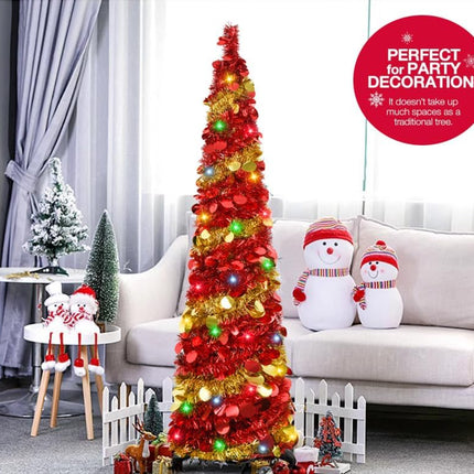 5-Foot Pop-Up Foldable Artificial Pencil Tree, Reusable, Christmas Tree with LED String Lights.Suitable for Holiday Decoration in Homes, Offices, and Parties(Red)