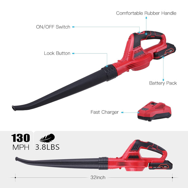 Leaf Blower, 20V Cordless Leaf Blower, with 2.0A Battery and Fast Charger, 130MPH Low Noise Electric Blower, Lightweight Small Handheld Blower, for Lawn Care, Dust & Other Debris