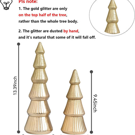 Wooden Christmas Tree Figurine, 2Pcs Gold Tree Figurines, Decorative Trees for Tabletop, Small Glittered Golden Xmas Tree Figurines for Christmas Mantle Indoor Decor
