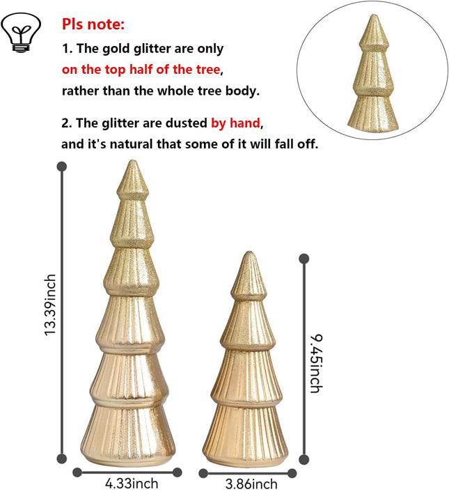 Wooden Christmas Tree Figurine, 2Pcs Gold Tree Figurines, Decorative Trees for Tabletop, Small Glittered Golden Xmas Tree Figurines for Christmas Mantle Indoor Decor
