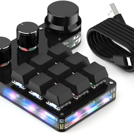 USB Mini Macro Mechanical Gaming Keyboard, Programming KeyPad with 3 Knobs, RGB LED KeyPad Macro Support One-Handed,OSU,One-Click Start DIY Hotkeys (9Key Wired)