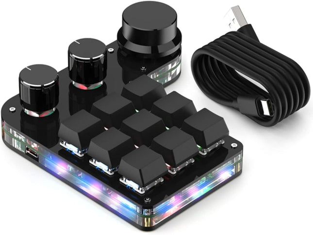 USB Mini Macro Mechanical Gaming Keyboard, Programming KeyPad with 3 Knobs, RGB LED KeyPad Macro Support One-Handed,OSU,One-Click Start DIY Hotkeys (9Key Wired)