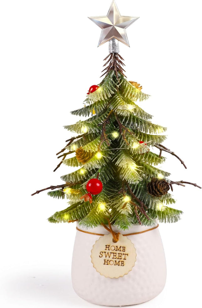 Mini Christmas Tree,ADXORA 14 Inch Small Christmas Tree,Green Christmas Tree with Pinecones and Cherries Christmas Decorations for Festive Indoor Decor