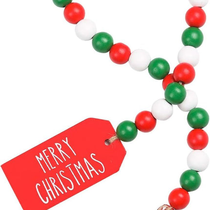 Christmas Wood Bead Garland with Tassels, Rustic Farmhouse Tiered Tray Holiday Decorations, Red and White Wooden Bead with Jute Rope Plaid Tassel, Country Xmas Home Decor (Xmas Red & Green & White)