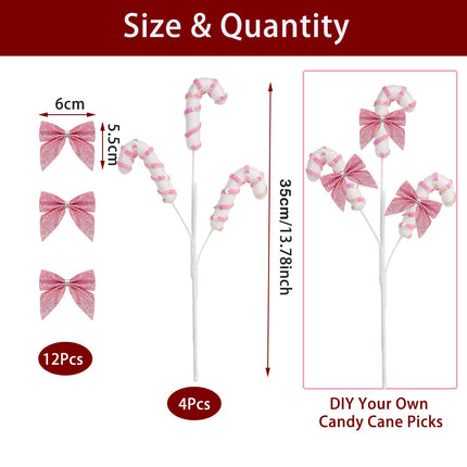 4Pcs Glitter Sequins Candy Cane Sprays with Bows Ornaments Christmas Tree Decorations Picks Striped Stems for Xmas Tree Topper Vase Fillers DIY Crafts Home Party Supplies 14 Inch Long (Pink & White)