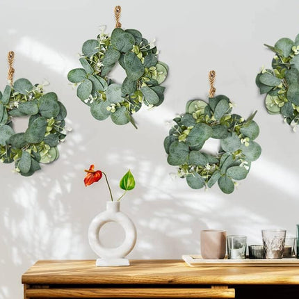 6Pcs Candle Rings, Artificial Eucalyptus Wreath Candles Wreaths, Small Greenery Farmhouse Wreath for Door Wedding Centerpieces Home Party Table Decor, 4" ID / 9.8" OD