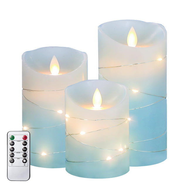 MELTONE Flameless Candles with String Lights Moving Wick Real Wax Ocean Blue Battery Operated Candles with Remote Control & Timer - Home Holiday Farmhouse Christmas Decor - Set of 3