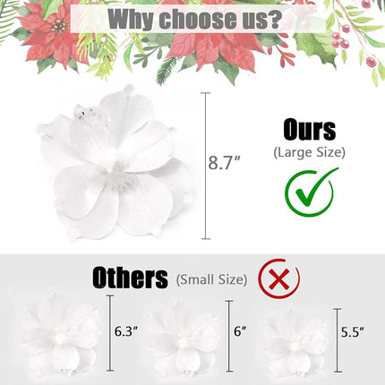 Poinsettia Ornament for Christmas Tree White Poinsettia Flowers Picks Glitter Artificial Poinsettia Flowers Christmas Poinsettia Decorations for Tree Garland Stocking Wedding Party (12pcs,8.6 Inch)