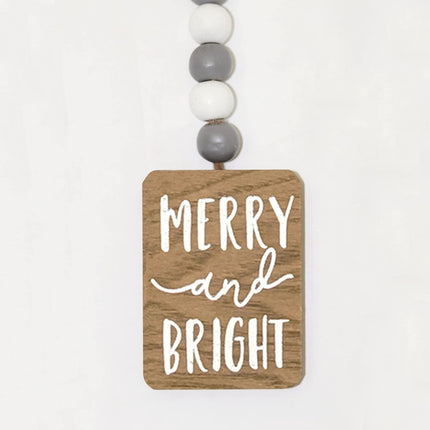 Merry and Bright Farmhouse Beads with Tassel, Rustic Wooden Beads Decor, Wooden Bead Garland for Tiered Tray, Tabletop, Shelf, Christmas Tree