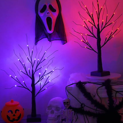 Dimmable 23.6 Inch Halloween Tree Halloween Decorations with 24LED Orange and Purple Lights and Halloween Indoor Tabletop Black Tree with Spider and Scary Web,8 Light Modes,USB/Battery Power