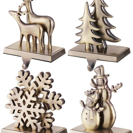 Elk Tree Snowflake Snowman Stocking Holder for Mantle Set of 4,Stocking Holders for Firepiece ,Christmas Stocking Hanger for Fireplace Topper, Decorative Hooks for Stockings (Bronze )