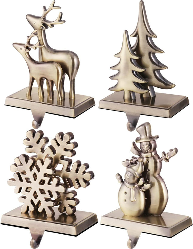 Elk Tree Snowflake Snowman Stocking Holder for Mantle Set of 4,Stocking Holders for Firepiece ,Christmas Stocking Hanger for Fireplace Topper, Decorative Hooks for Stockings (Bronze )