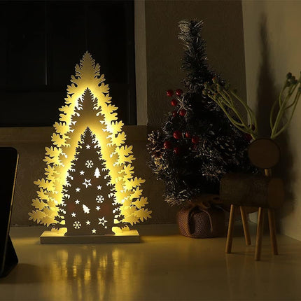 Wooden Christmas Tree Tabletop Decor, LED Wood Craft Christmas Trees Light 2AA Battery Powered 13 inch for Xmas Home Decorations(Indoor)