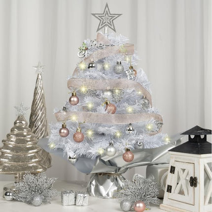 20" Mini White Christmas Tree, Artificial Mini Christmas Tree with Lights, Tabletop Christmas Tree with Star Treetop Snowflake Boxes and Ball Ornaments for DIY Christmas Decoration(White)