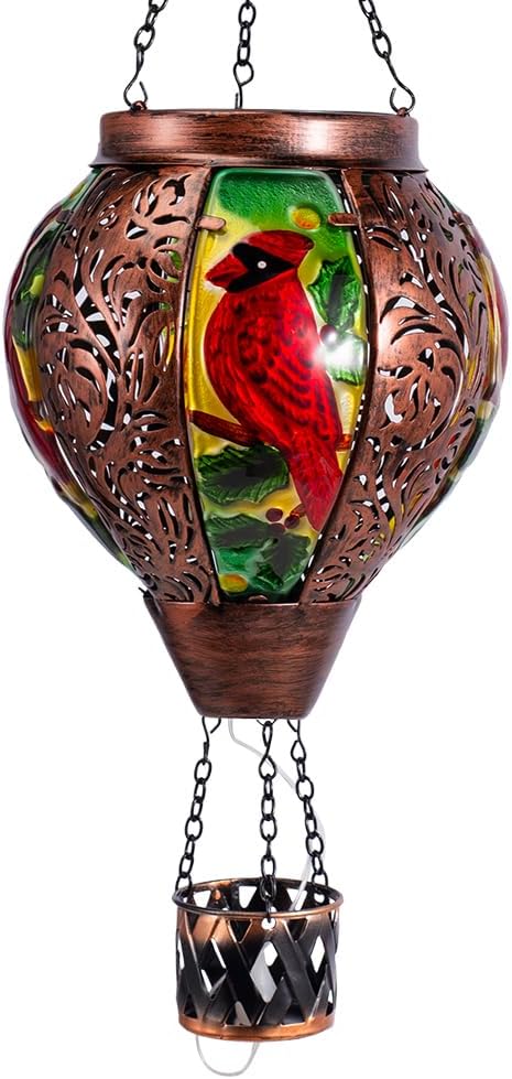 Cardinal Hot Air Balloon Solar Lantern with Flame, Hanging Outdoor Lantern Waterproof Solar Light for Patio, Porch, Xmas Holiday Party Decor