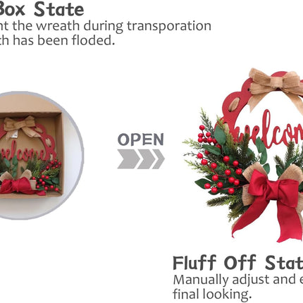 Tempus 16 Inch Wooden Board Circle Wreath Artificial Christmas Wreath Christmas Ribbon Wreath with Welcome Sign for Front Doors, Walls, farmhouses, Holiday Parties, Interior Decorations