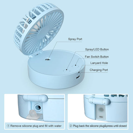 Mini Desk Fan, 3In1 Portable Misting Fan, Necklace Hand Fan With Colorful Led, Small Handheld Fan Foldable, Quiet, Lanyard