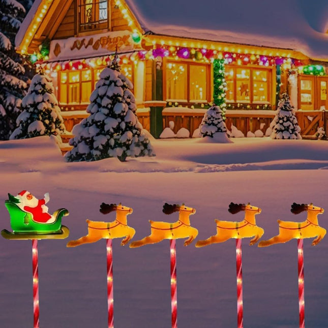 Solar Christmas Pathway Lights - Set of 5 Solar Santa Claus Elk Lights with 8 Lighting Modes, Solar Christmas Decorations Outdoor with 30 LED for Walkway Yard Lawn Xmas Decor