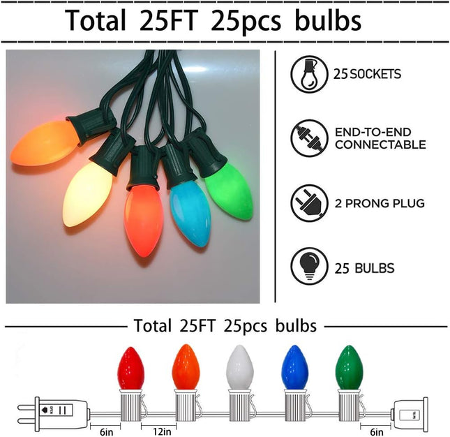 C9 Christmas Lights 25Ft Multicolored Outdoor String Lights with 26 Ceramic Edison Bulbs(1 Spare), C9/ E17 Base, Hanging Vintage Multicolor Lights for Christmas Party Backyard Wedding Decor
