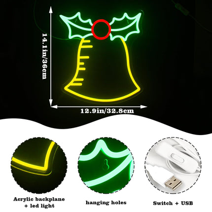 LooKLight Christmas Bell Neon Sign,Holly Berry Christmas Led Neon Light for Wall,Neon Sign Wall Decor for Christmas,USB Powered Led Neon Signs for Christmas Party,Bedroom Decor,Christmas Decor
