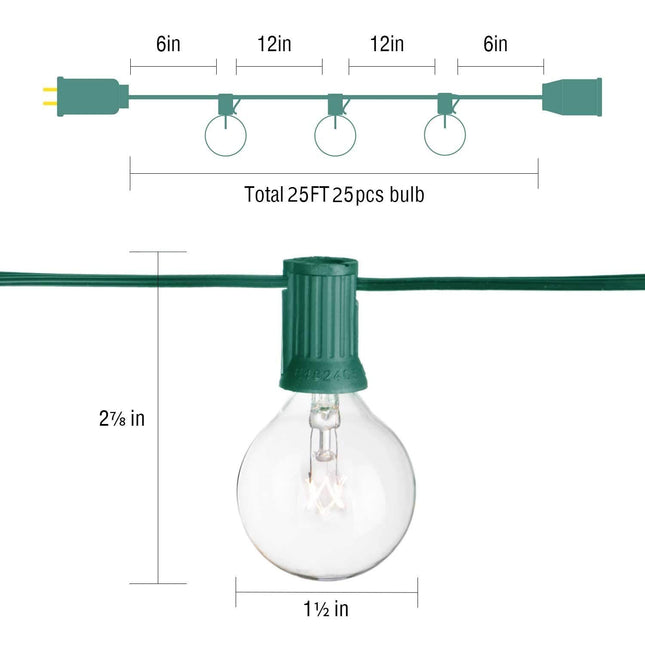 SUNSGNE 25Ft Christmas String Lights, G40 Globe String Light with 27 Clear Bulbs, UL for Outdoor Indoor Garden Party Wedding Pergola Backyard Patio Xmas Decoration, Green Wire
