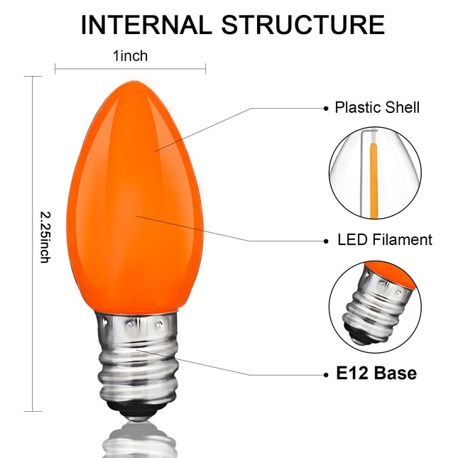 C7 LED Halloween Replacement Lights Bulbs,25 Pack 0.6w Cerami Orange Halloween Bulbs with E12 Candelabra Base Vintage LED Light Bulbs for Indoor Outdoor Night Lights Halloween Christmas String Lights