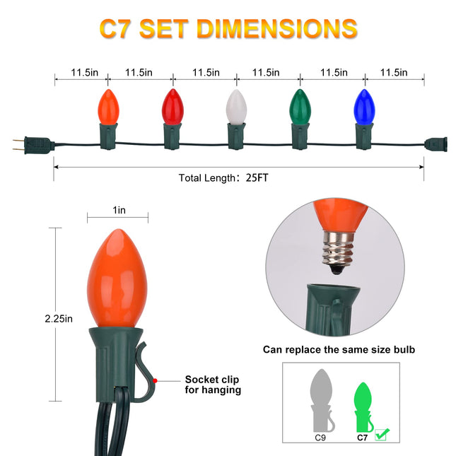 Christmas Lights 25FT, C7 Vintage Christmas String Lights with 27 Multicolor Ceramic Bulbs, Hanging Outdoor & Indoor String Lights for Christmas Decor (Green Wire)