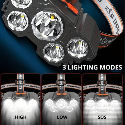 DPM Brightest Powerful 5 LED Headlamp Rechargeable Headlamps Waterproof Headlights Head Torch Outdoor Camping Running Lighting