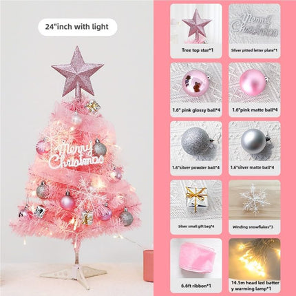 24" 2ft Tabletop Mini Pink Christmas Tree with Light and Star Topper and Ornaments.Pink Chrismas Decoration