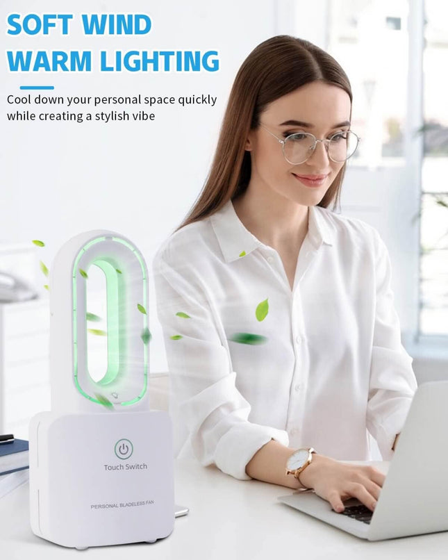 Desk Fan Small Bladeless Personal Fan Quiet Mini Table Fan 12'' Touch Control 4000Mah Rechargeable Portable Fan With 6Colors Led