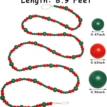 8.9 Feet Christmas Wooden Bead Garland Wood Candy Garland Ornament Xmas Wood Bead Garland Christmas Tree Bead Decoration for Christmas Holiday Party Decoration (Red, Green)