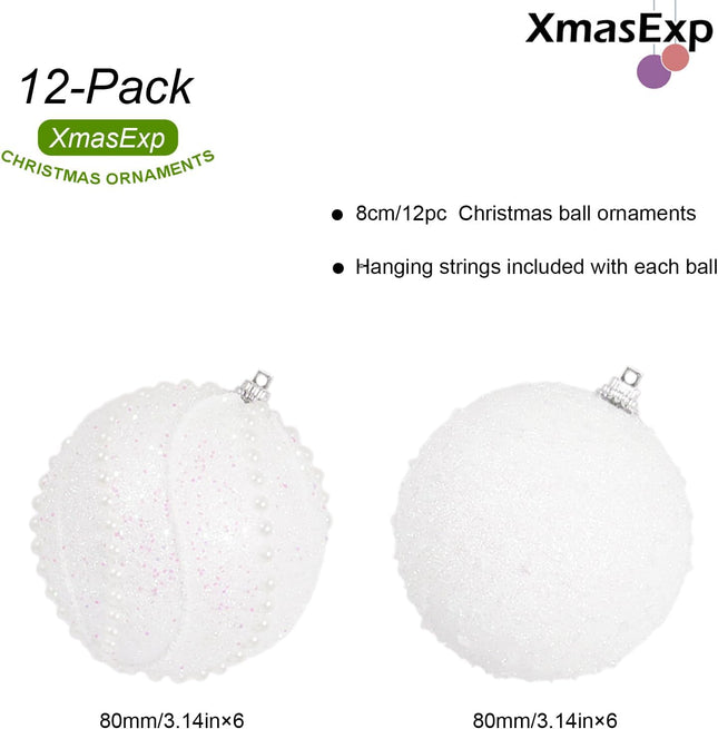 3.15" Christmas Ball Ornaments 12pcs Sequin Christmas Balls Shatterproof Christmas Tree Ornaments Glitter Christmas Ornaments Plastic Hanging Pearl Balls for Xmas Trees,Holiday Party(White)