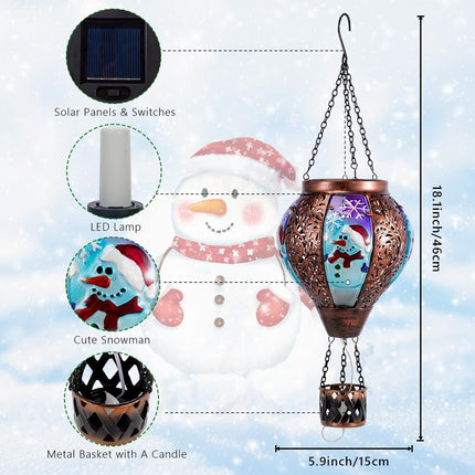 DREAMSOUL Christmas Hot Air Balloon Solar Lantern, Solar Snowman Decorative Solar Lantern with Candle Holder, Hanging Christmas Lantern with Flickering Flame for Garden Patio Snowman Decor