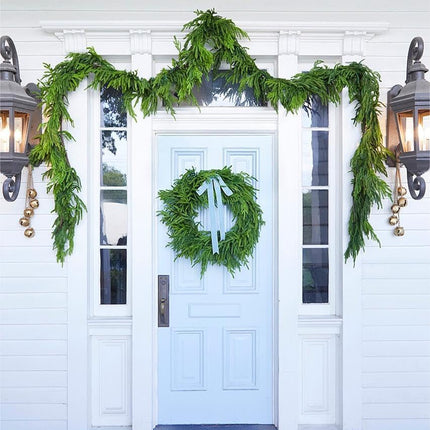 Real Touch Norfolk Pine Christmas Garland and Wreath Set, 24IN Green Wreath and 9FT Christmas Garland Artificial Faux Greenery Norfolk Pine for Holiday Indoor Mantle Decor