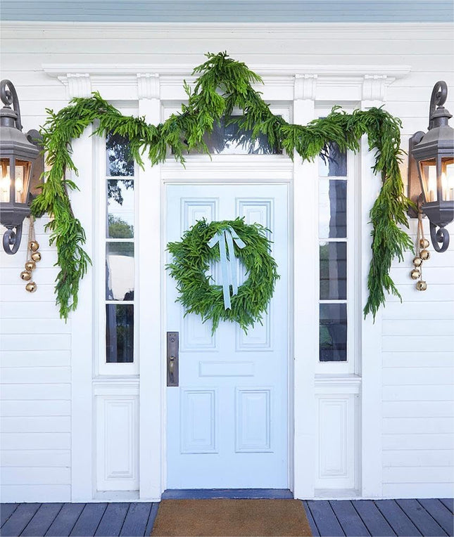 Real Touch Norfolk Pine Christmas Garland and Wreath Set, 24IN Green Wreath and 9FT Christmas Garland Artificial Faux Greenery Norfolk Pine for Holiday Indoor Mantle Decor