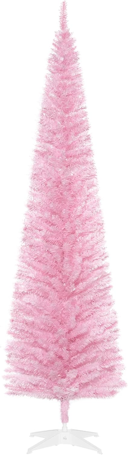 HOMCOM 7' Artificial Pencil Christmas Tree, Slim Xmas Tree with 499 Realistic Branch Tips and Plastic Stand, Pink