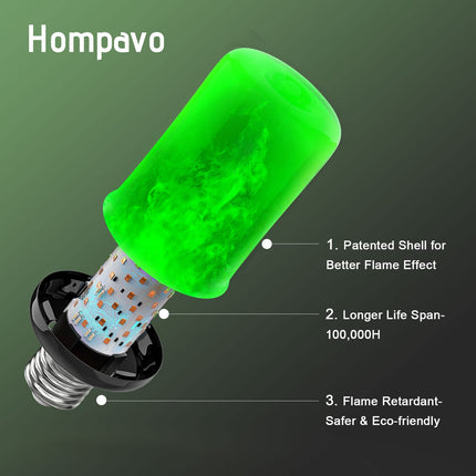 Hompavo 【d】 LED Flame Light Bulbs, Green Flickering Light Bulbs with Upside Down Effect, E26 Flame Bulb for Home Halloween St. Patrick's Day Christmas Decorations Indoor & Outdoor, 2 Pack