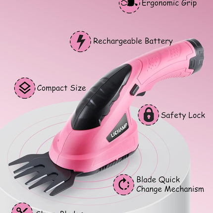 Lichamp 2-in-1 Electric Hand Held Grass Shear Pink Hedge Trimmer Shrubbery Clipper Cordless Battery Powered Rechargeable for Garden and Lawn, CGS3601PK Pink