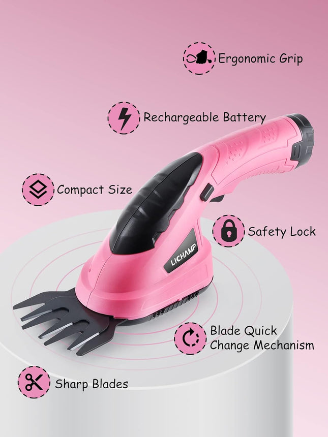 Lichamp 2-in-1 Electric Hand Held Grass Shear Pink Hedge Trimmer Shrubbery Clipper Cordless Battery Powered Rechargeable for Garden and Lawn, CGS3601PK Pink