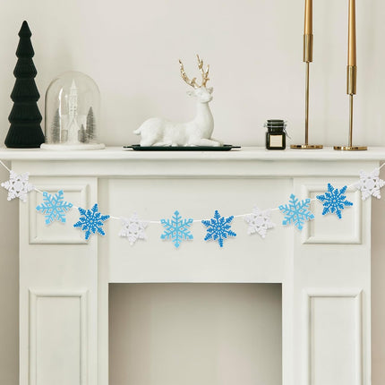 Whaline 4Pcs Snowflake Felt Banner White Blue Snowflake Garland Winter Bunting Garland for Christmas Winter Holiday Hanging Decoration