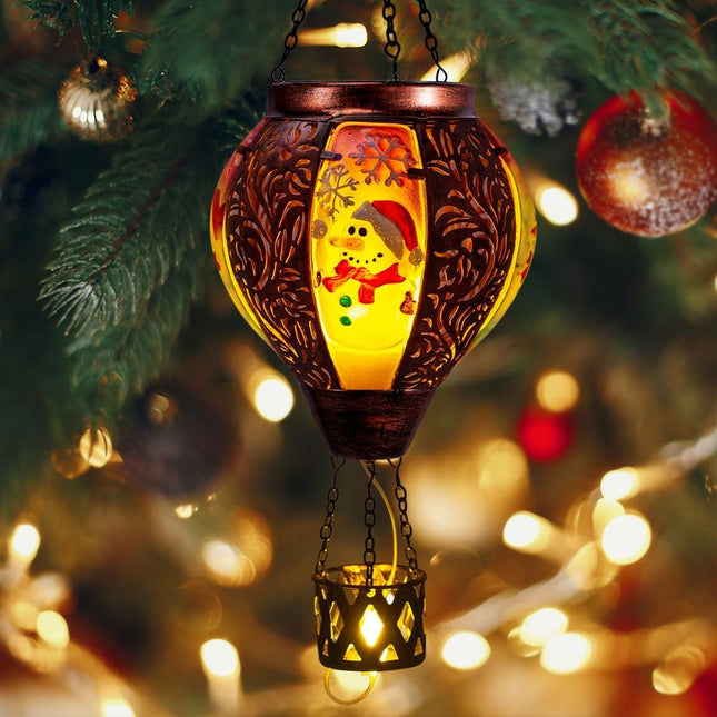 Starsoul Christmas Hot Air Balloon Solar Lantern Waterproof Snowman Solar Hot Air Balloon Lantern with Flame Outdoor Hanging Christmas Snowman Lanterns Decorations for Garden Porch Patio Yard (Red)