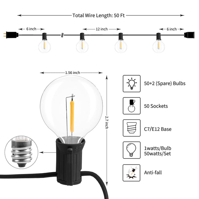 Brightown Led String Lights Outdoor 50Feet G40 Patio Lights with 52 Led Shatterproof Bulbs(2 Spare), Waterproof Led Globe Hanging Lights for Backyard Porch Bistro Balcony Decor, E12 Socket, 2200K