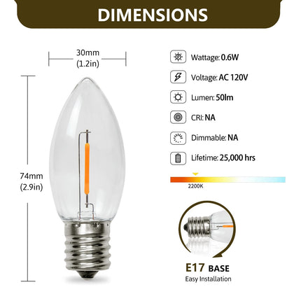 50Pack C9 Led Light Bulbs, C9 Christmas Shatterproof Replacement Led Bulbs for String Lights, 0.6W Equivalent 7W Incandescent Bulb, Warm White 2200K, E17 Standard Base