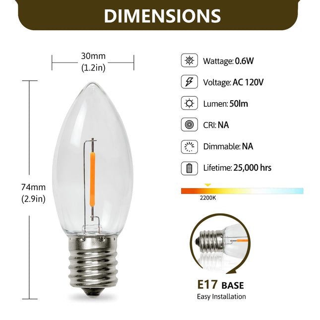 50Pack C9 Led Light Bulbs, C9 Christmas Shatterproof Replacement Led Bulbs for String Lights, 0.6W Equivalent 7W Incandescent Bulb, Warm White 2200K, E17 Standard Base