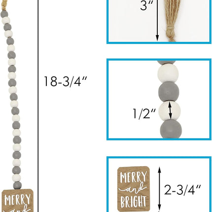 Merry and Bright Farmhouse Beads with Tassel, Rustic Wooden Beads Decor, Wooden Bead Garland for Tiered Tray, Tabletop, Shelf, Christmas Tree