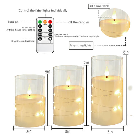 Flashing Flameless Candle with String Light, Battery Powered Candle, Recessed String LED Candle, Indestructible Plexiglass Candle with Remote Control, Set of 3, Ivory White
