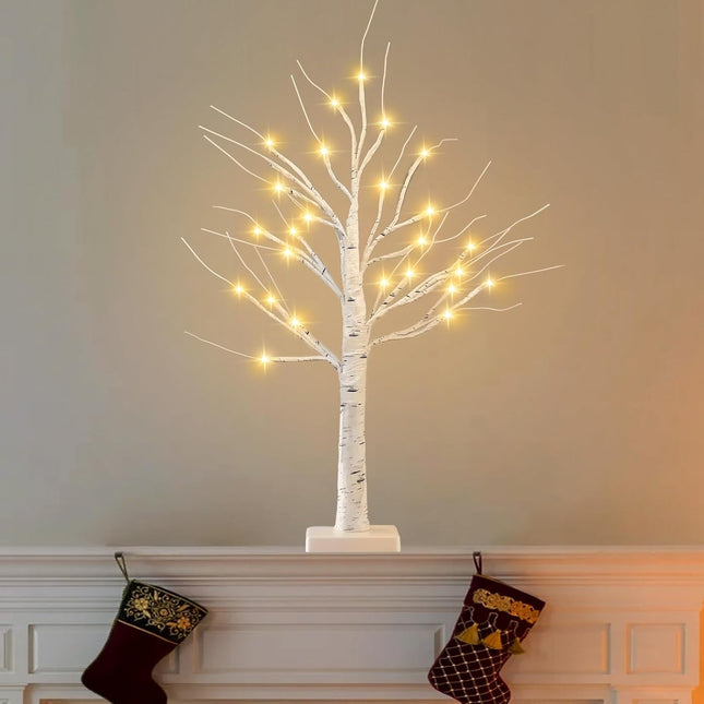 BHCLIGHT Lighted Birch Tree, 2FT 24 LED Battery Operated with Timer Tabletop Fairy Tree Lights, White Artificial Branch for Christmas Decorations,Valentine's Day, Wedding (1 Pack Birch Trees)