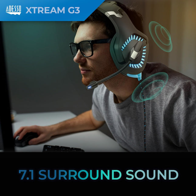 Adesso Xtream G3-7.1 Surround-Sound Gaming Headset with Noise Cancelling Microphone and LED Lighting for PC, PS4, Xbox, Nintendo Switch, and Laptops
