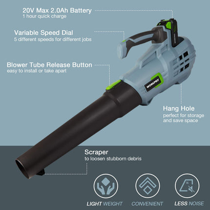WORKPRO 20V Cordless Leaf Blower, Electric Gardening Tool Powered Sweeper, with 2.0Ah Battery and 1 Hour Quick Charger Included