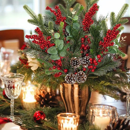 4 Pcs Christmas Artificial Pine Branches 28.3 inch Norfolk Pine Stems Christmas Greenery Picks with Red Berries Pine Needles Picks Spray Christmas Tree Branches for Xmas Vase DIY Craft Holiday Decor